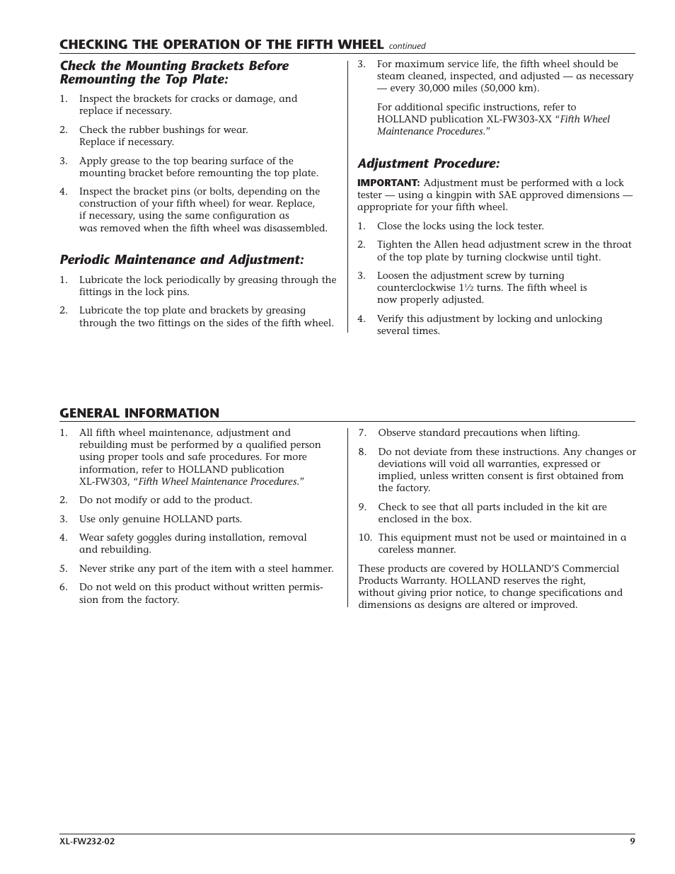 Checking the operation of the fifth wheel, Periodic maintenance and adjustment, Adjustment procedure | General information | Holland Hitch XL-FW232-02 User Manual | Page 9 / 12