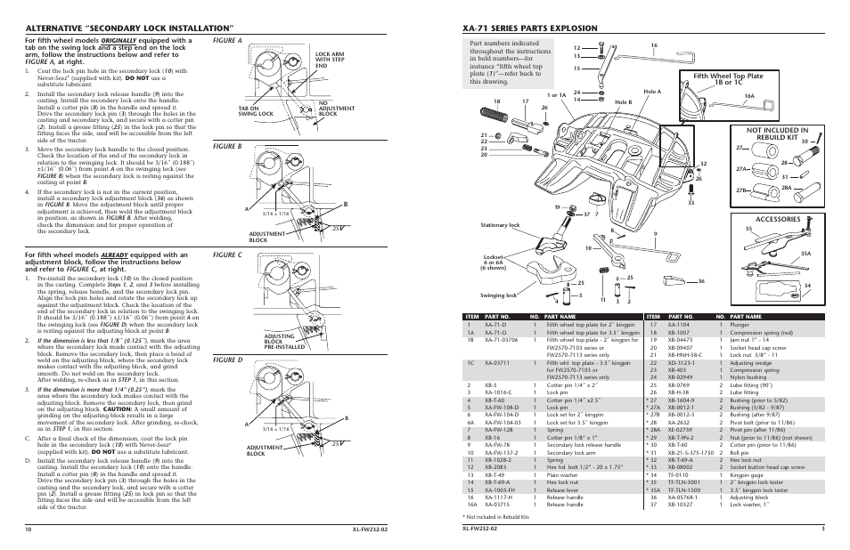 Xa-71 series parts explosion, Alternative “secondary lock installation, Accessories | Not included in rebuild kit, Fifth wheel top plate 1b or 1c, Figure a, Figure b for fifth wheel models, Figure c, Figure d for fifth wheel models | Holland Hitch XA-71-DA User Manual | Page 3 / 6
