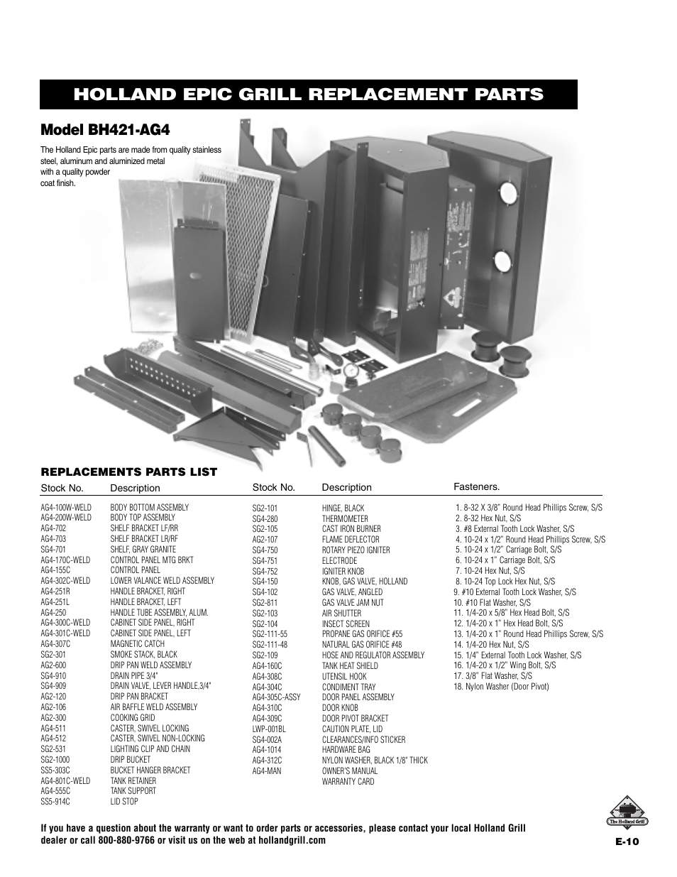 Holland epic grill replacement parts, Model bh421-ag4 | Holland BH421-AG4 User Manual | Page 13 / 16