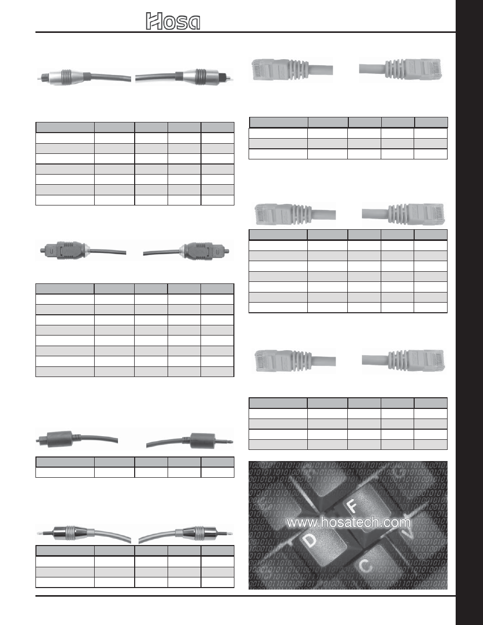 Ca bles: digital / da ta / computer, 2007 retail catalog, Fiber optic cables — professional | Fiber optic cables — standard, Fiber optic toslink to 3.5mm sony type, Fiber optic 3.5mm to 3.5mm sony type, Category 5e, Category 5e — in blue, Category 6, Premium | Hosa Technology Audio Digital Solutions User Manual | Page 13 / 72