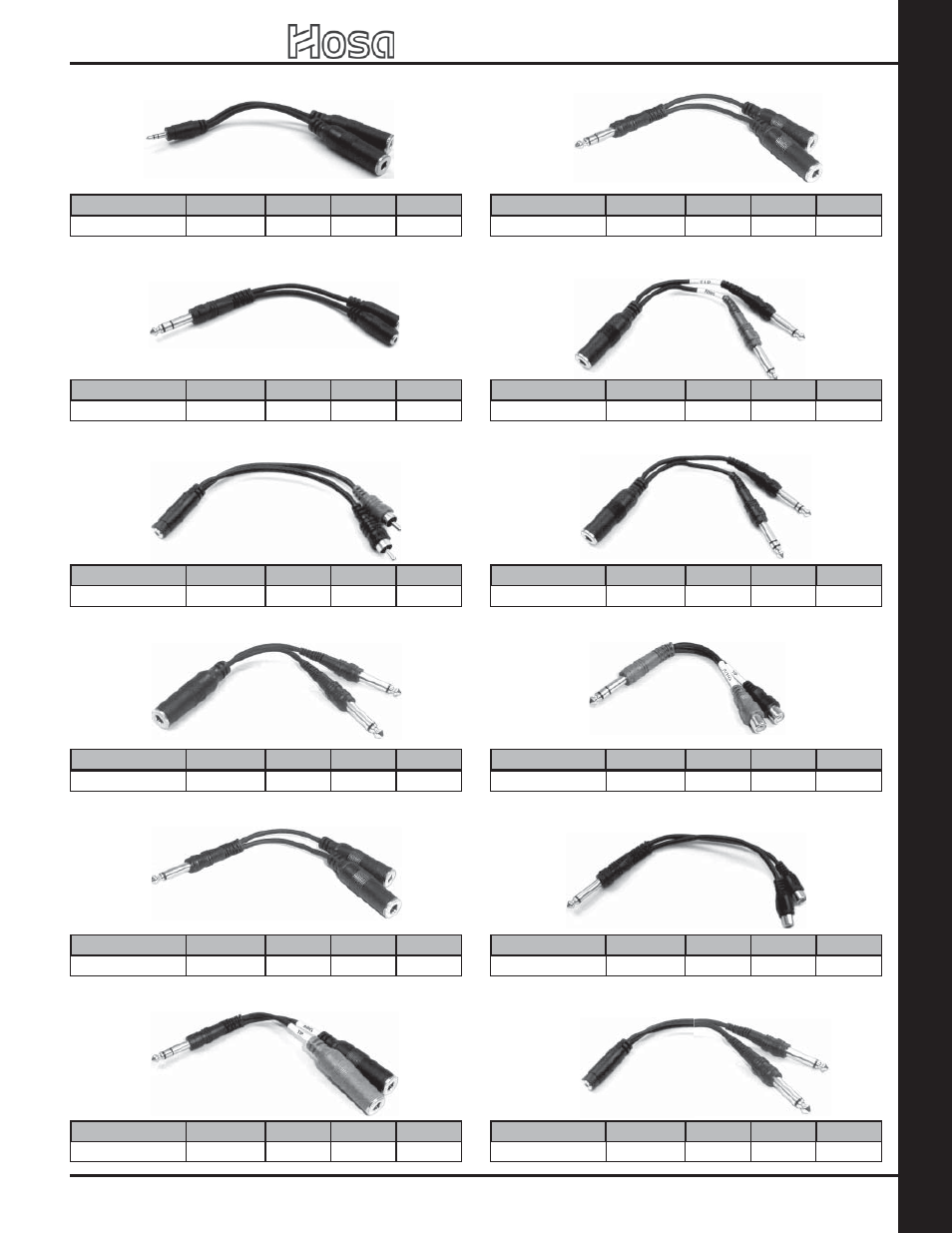 Y-ca bles, 2007 retail catalog, Stereo 3.5mm female to two rca males | Stereo1/4” male to two stereo 3.5mm females, Mono 1/4” male to two mono 1/4” females, Stereo 1/4” male to two mono 1/4” females, Stereo 1/4” female to two stereo 1/4” males, Stereo 1/4” male to two rca females, Mono 1/4” male to two rca females, Stereo 3.5mm female to two 1/4” males | Hosa Technology Audio Digital Solutions User Manual | Page 49 / 72
