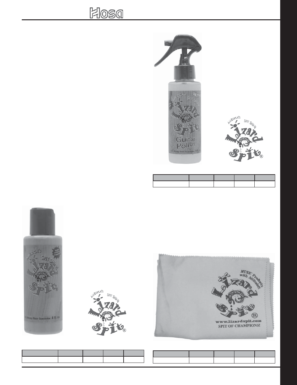 Cleaner s / p olishes / lubricants, 2007 retail catalog, All instrument polishes are not created equal | Ergonomic trigger-style sprayer, The hiss is out there, Lizard spit guitar polish, Lizard spit fretboard conditioner, Lizard spit micro fiber cloth | Hosa Technology Audio Digital Solutions User Manual | Page 63 / 72