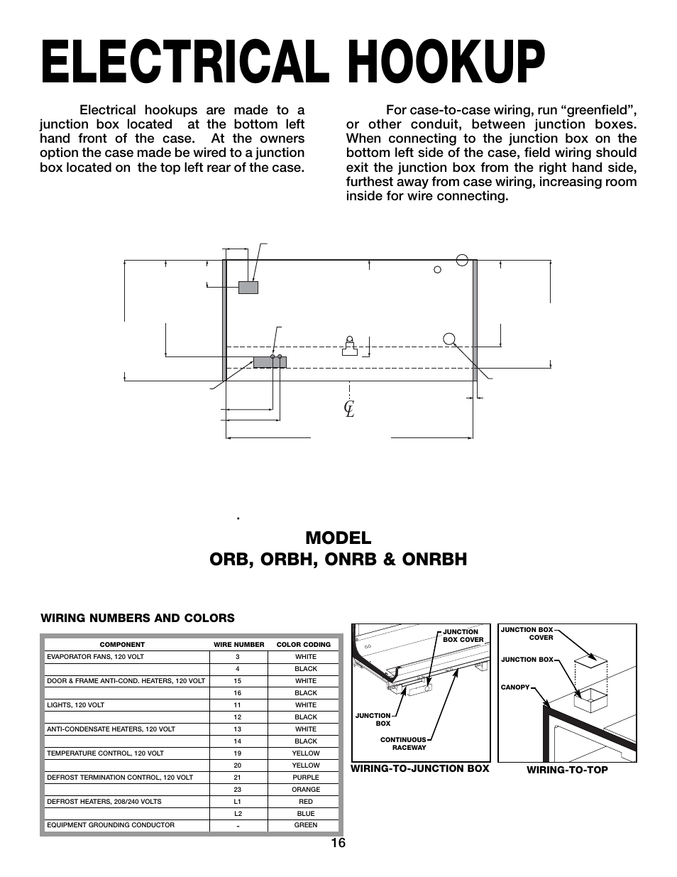 Electrical hookup, Model orb, orbh, onrb & onrbh, Wiring numbers and colors | Hill Phoenix ORB User Manual | Page 20 / 44
