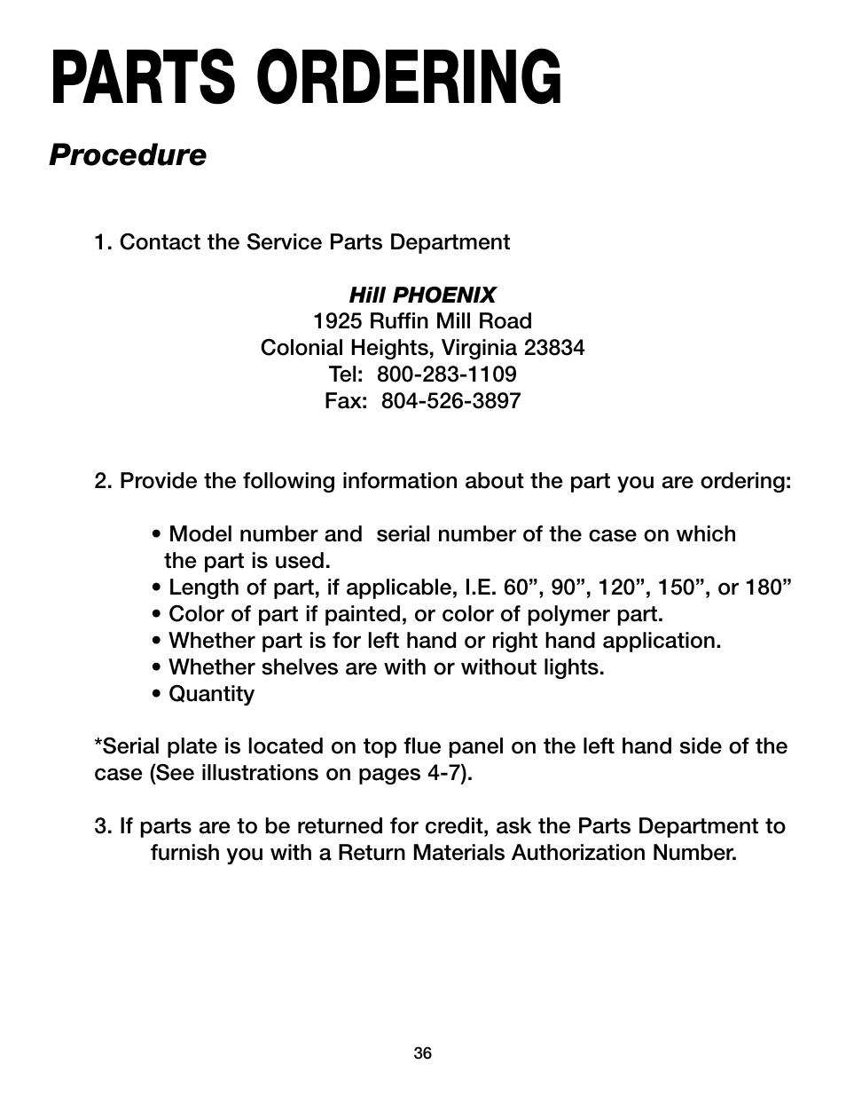 Parts ordering, Procedure | Hill Phoenix ORB User Manual | Page 40 / 44