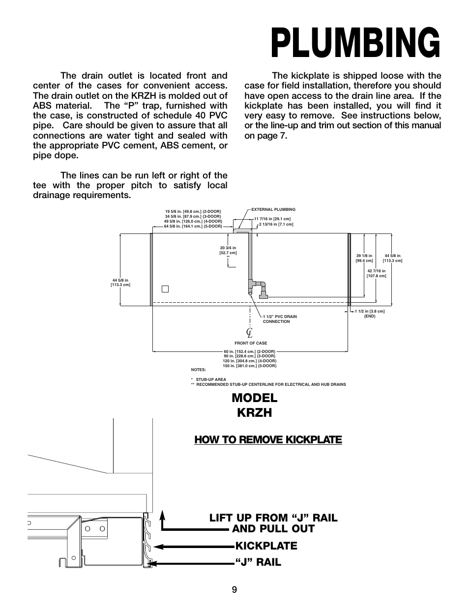 Plumbing, Model krzh, Lift up from “j” rail and pull out | How to remove kickplate kickplate “j” rail | Hill Phoenix KRZH User Manual | Page 13 / 32