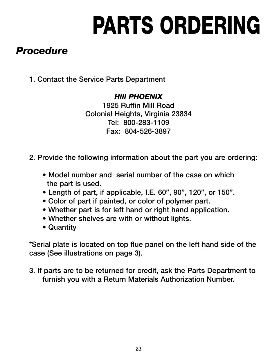 Parts ordering, Procedure | Hill Phoenix KRZH User Manual | Page 27 / 32