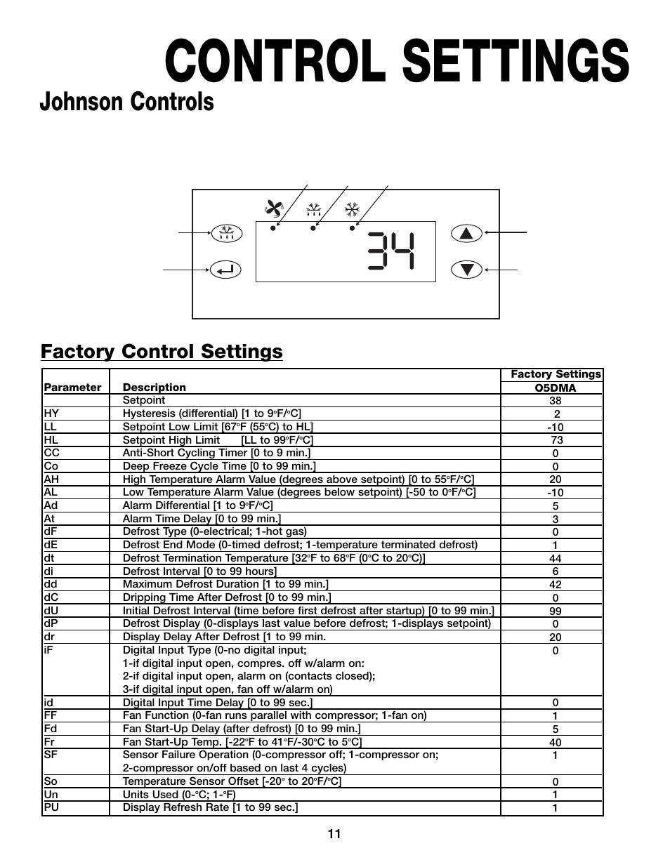 Control settings, Johnson controls, Factory control settings | Hill Phoenix 05DMA User Manual | Page 15 / 32