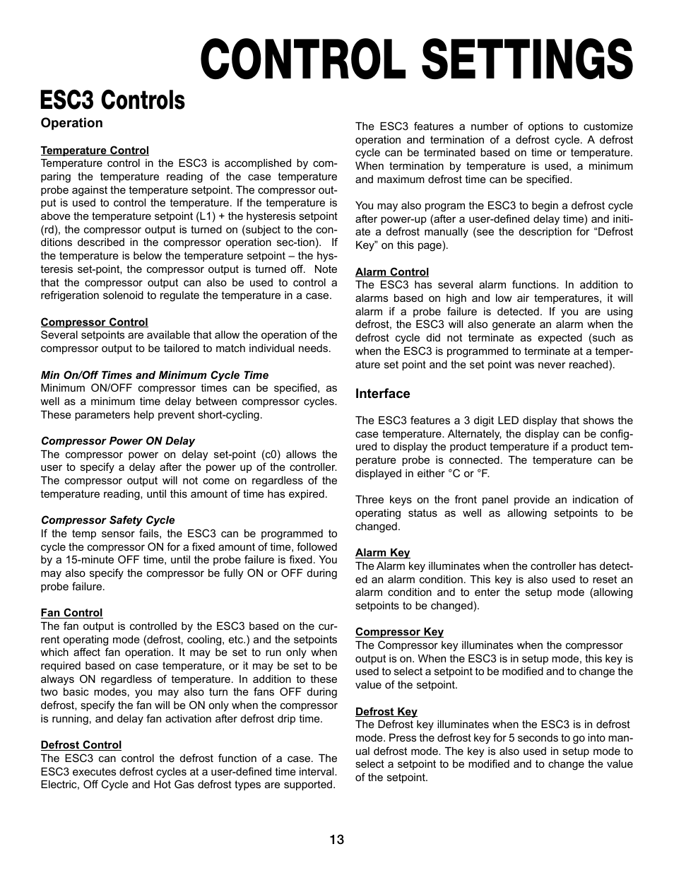 Control settings, Esc3 controls | Hill Phoenix 05DMA User Manual | Page 17 / 32