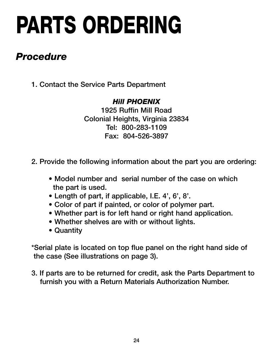 Parts ordering, Procedure | Hill Phoenix 05DMA User Manual | Page 28 / 32