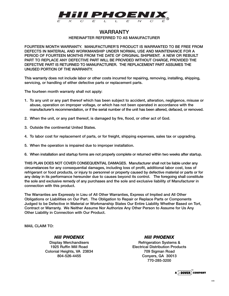 Warranty | Hill Phoenix 05DMA User Manual | Page 31 / 32