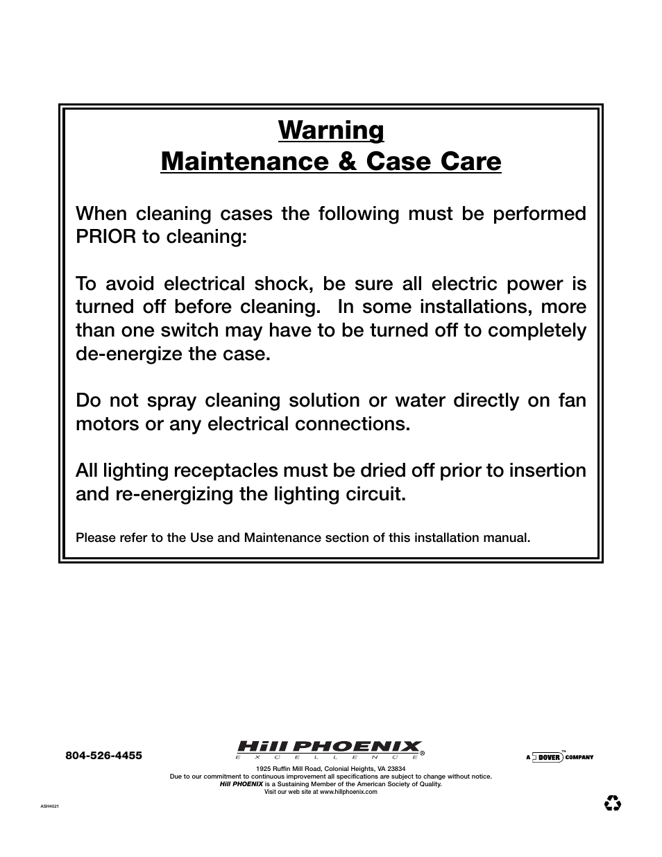 Warning maintenance & case care | Hill Phoenix 05DMA User Manual | Page 32 / 32