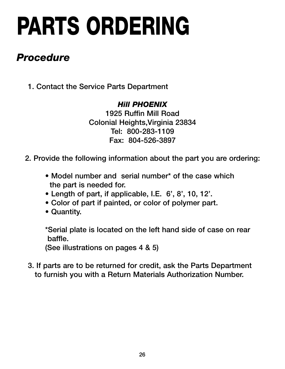 Parts ordering, Procedure | Hill Phoenix ORIGIN2 ONIZ User Manual | Page 30 / 32
