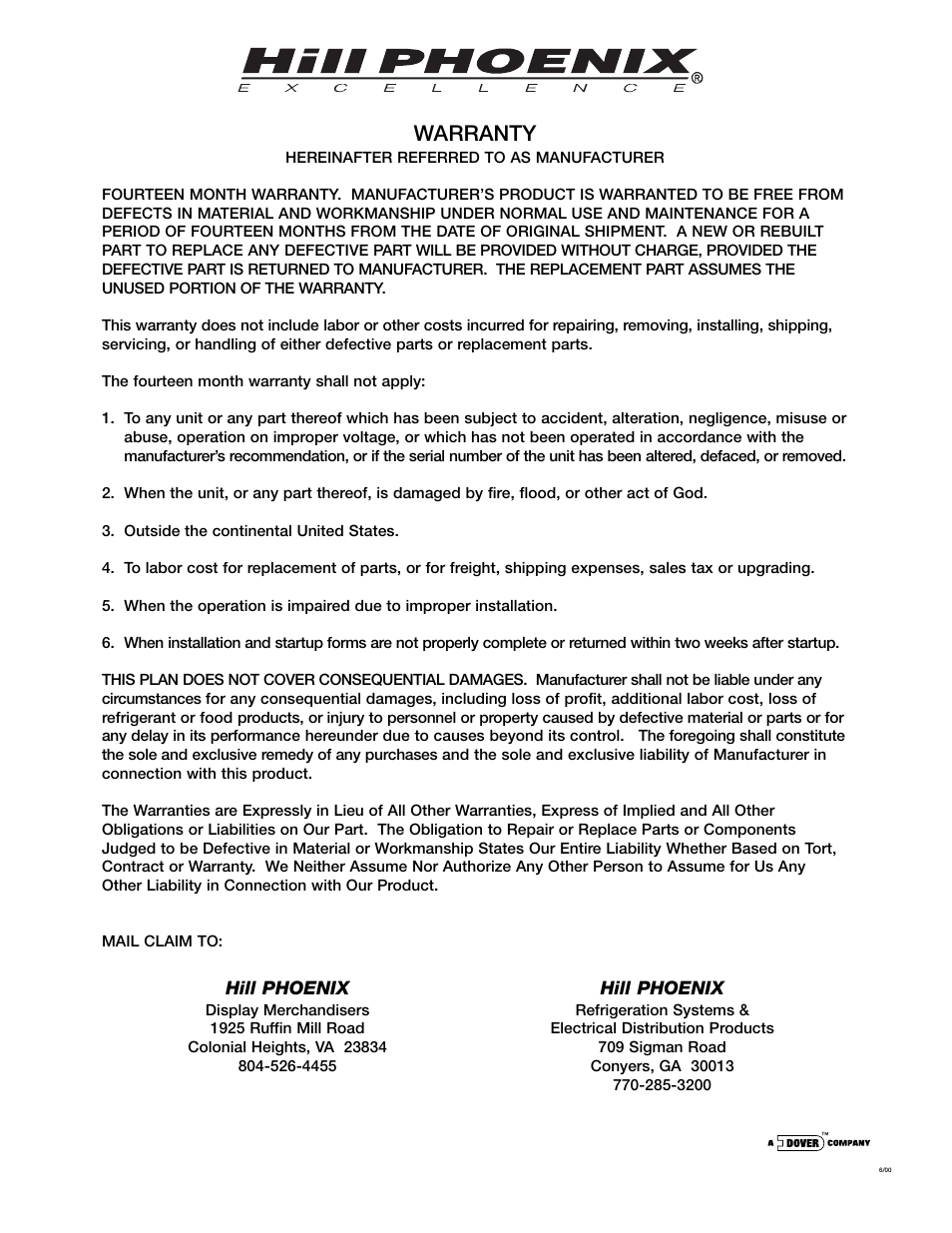 Warranty | Hill Phoenix ORIGIN2 ONIZ User Manual | Page 31 / 32