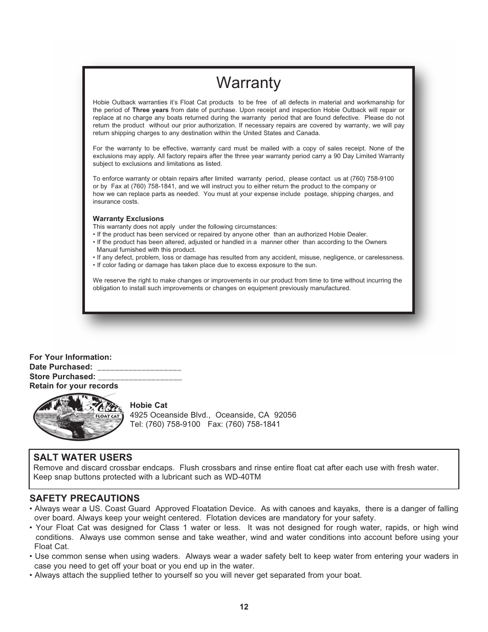 Warranty, Safety precautions, Salt water users | Hobie Float Cat 60 User Manual | Page 12 / 12