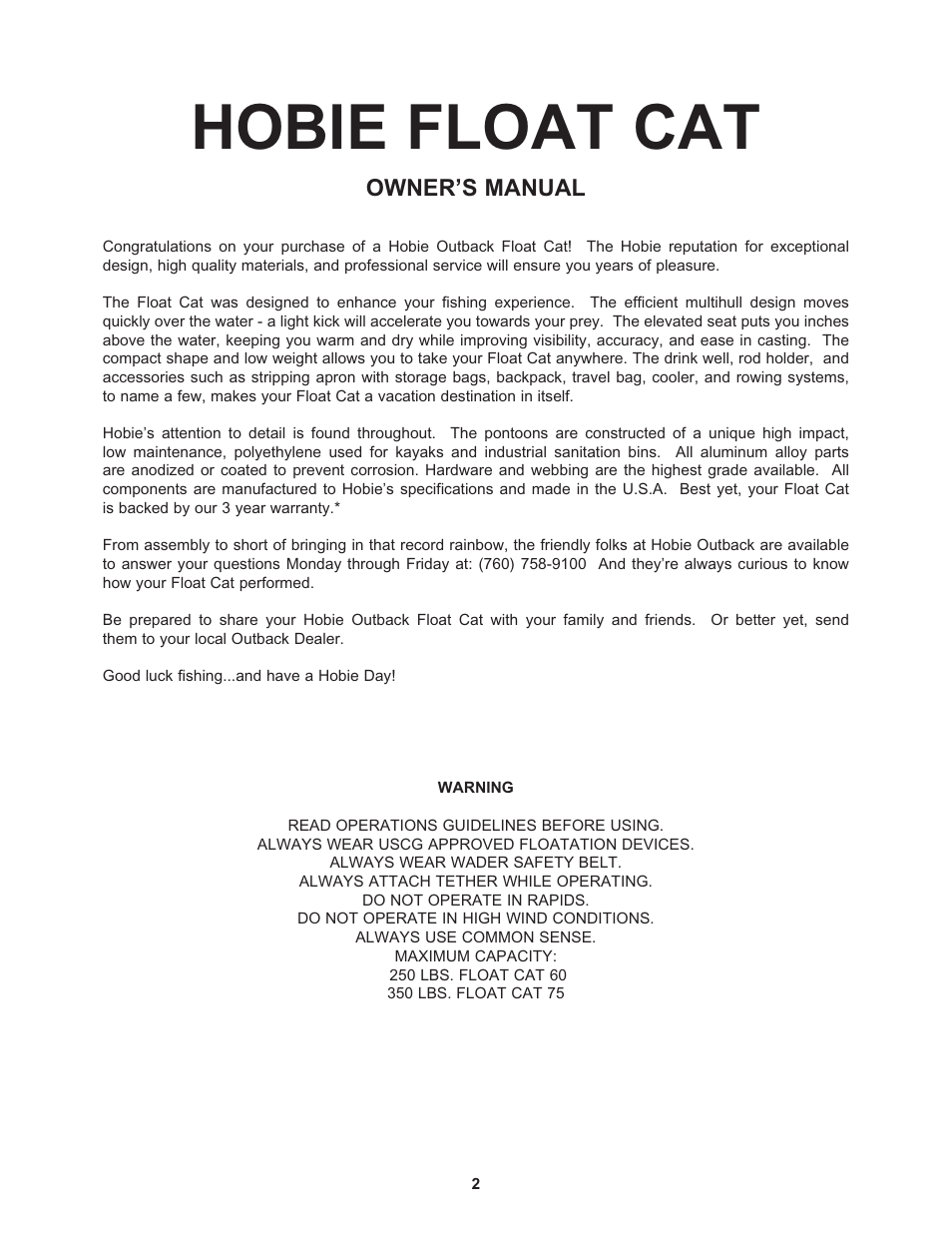 Hobie float cat, Owner’s manual | Hobie Float Cat 60 User Manual | Page 2 / 12