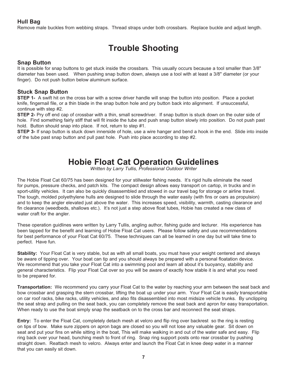 Trouble shooting, Hobie float cat operation guidelines | Hobie Float Cat 60 User Manual | Page 7 / 12