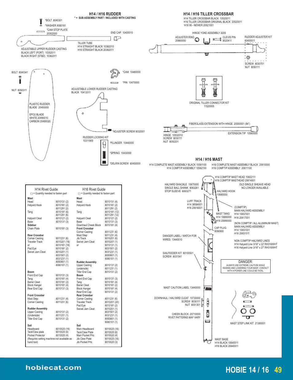 H14 / h16 mast, H14 / h16 rudder, H14 / h16 tiller crossbar | Hobie H14 User Manual | Page 2 / 4