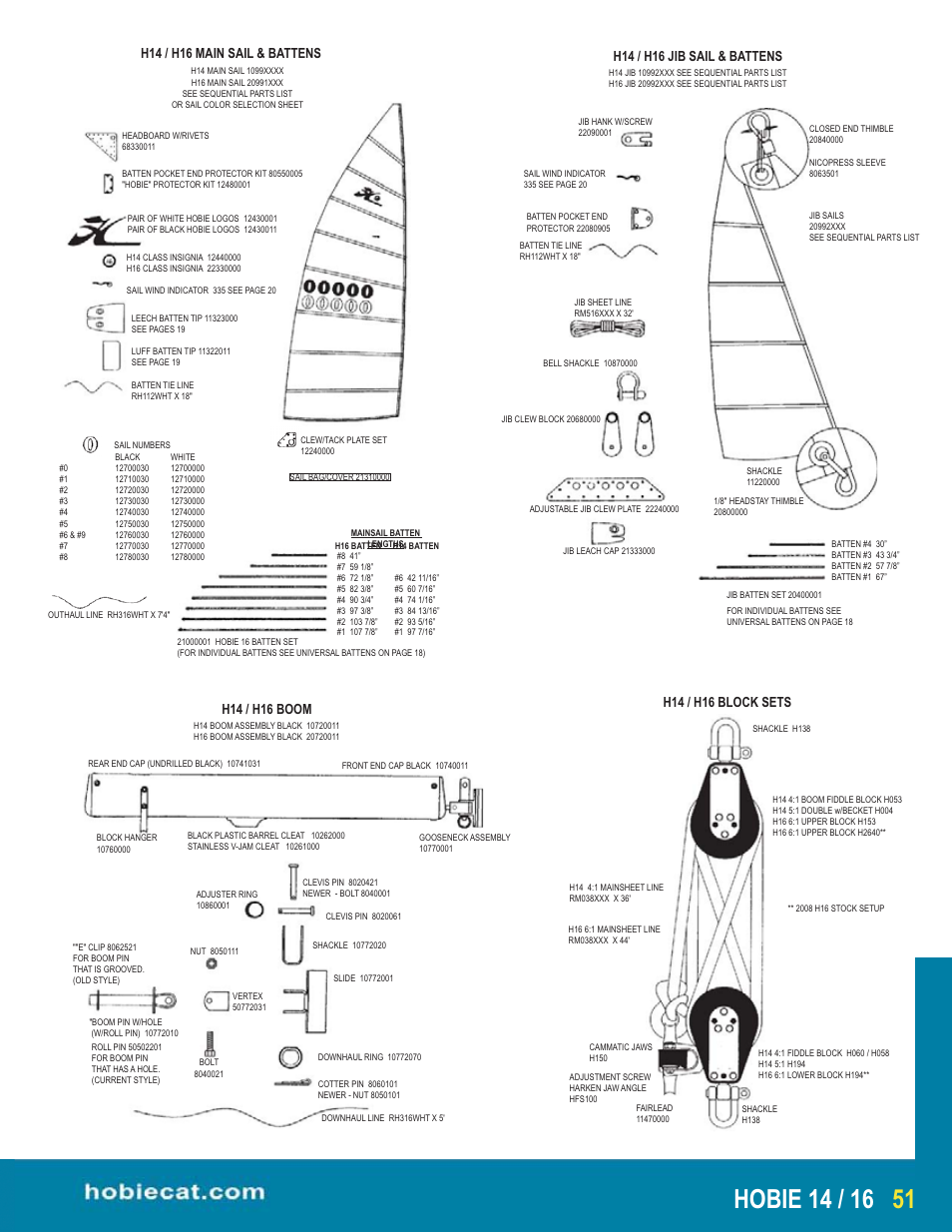 H14 / h16 main sail & battens, H14 / h16 jib sail & battens, H14 / h16 block sets | H14 / h16 boom | Hobie H14 User Manual | Page 4 / 4