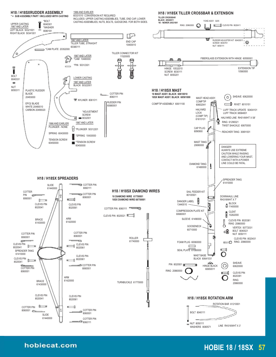 H18 / h18sx spreaders, H18 / h18sxrudder assembly, H18 / h18sx rotation arm | H18 / h18sx mast | Hobie 18 User Manual | Page 2 / 4