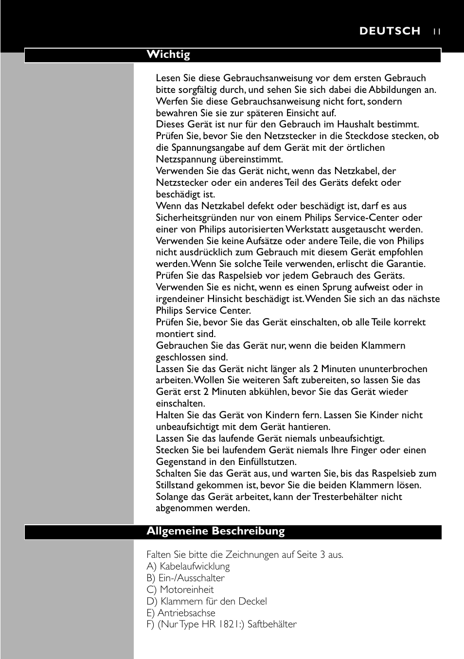 Deutsch 11 | Philips HR 1821 User Manual | Page 11 / 74