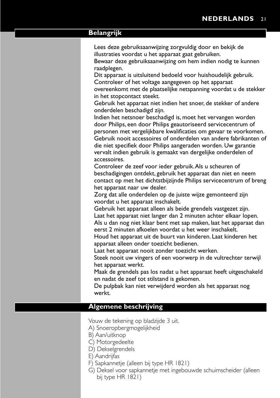 Nederlands 21 | Philips HR 1821 User Manual | Page 21 / 74