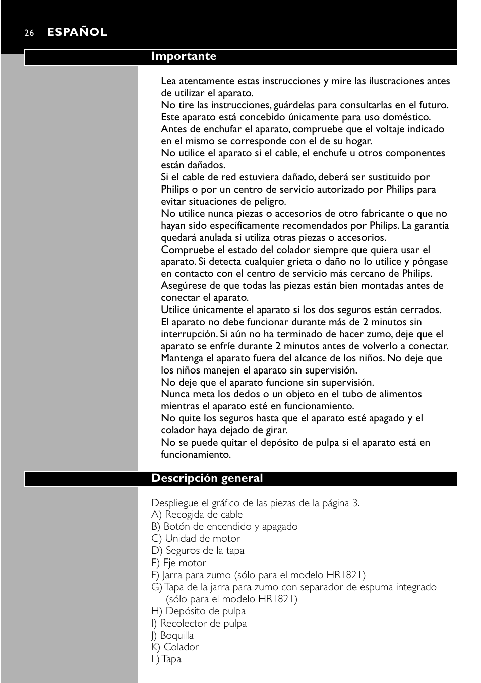 Español 26 | Philips HR 1821 User Manual | Page 26 / 74