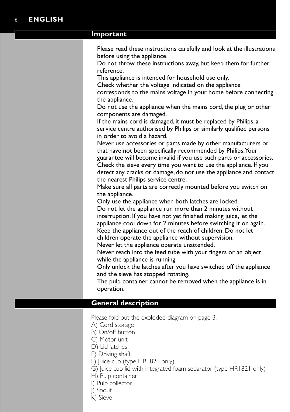 English 6 | Philips HR 1821 User Manual | Page 6 / 74