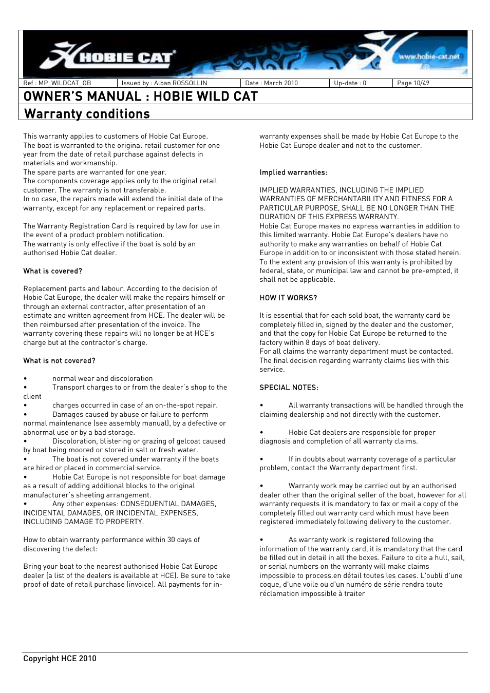 Owner’s manual : hobie wild cat, Warranty conditions | Hobie HCE 2010 User Manual | Page 10 / 49