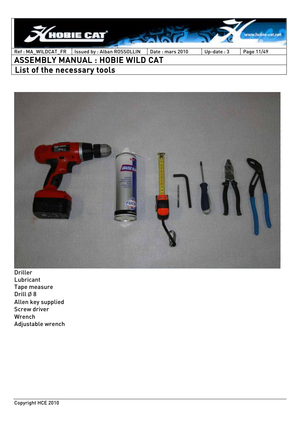 Assembly manual : hobie wild cat, List of the necessary tools | Hobie HCE 2010 User Manual | Page 11 / 49