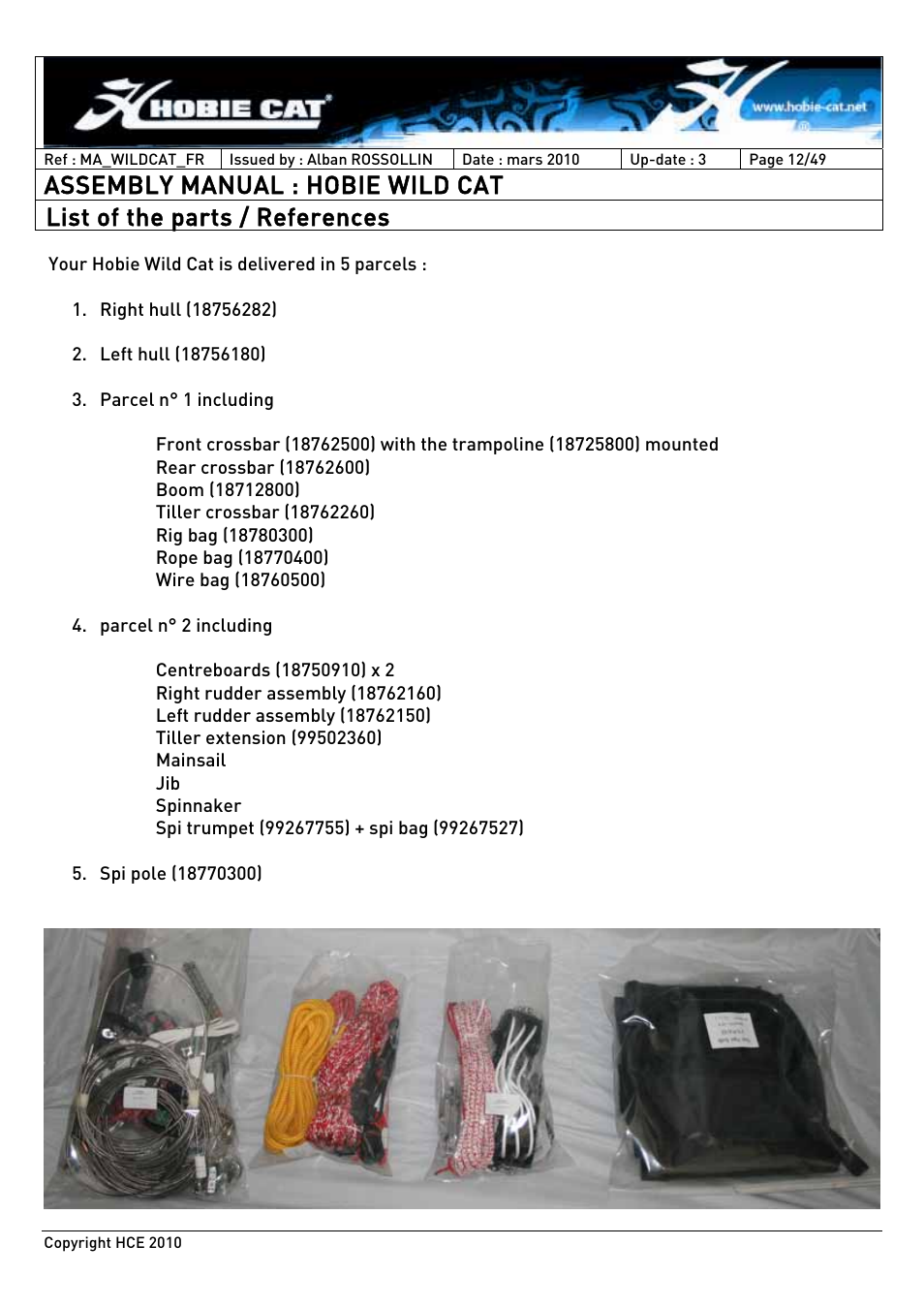 Assembly manual : hobie wild cat, List of the parts / references | Hobie HCE 2010 User Manual | Page 12 / 49