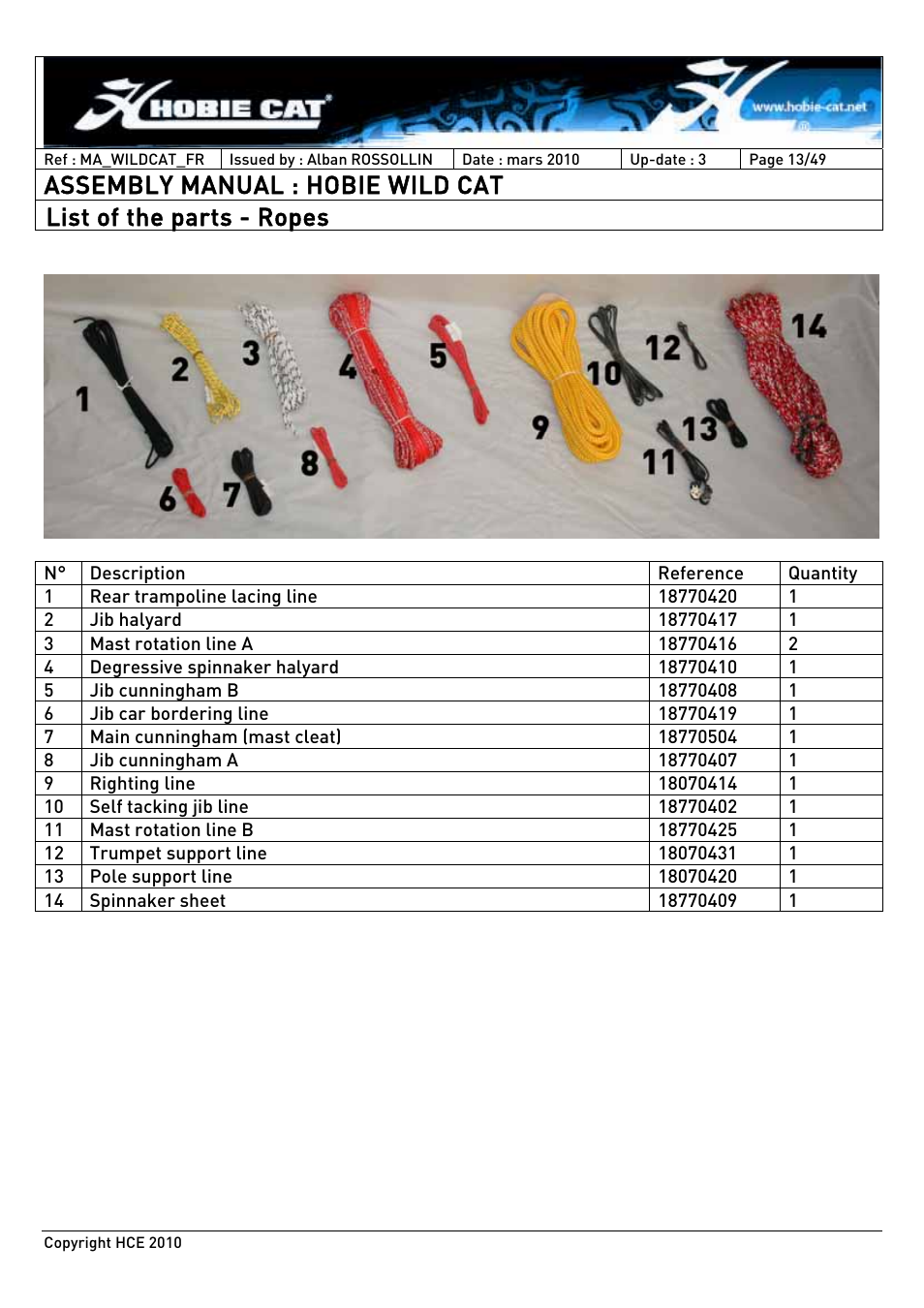 Assembly manual : hobie wild cat, List of the parts - ropes | Hobie HCE 2010 User Manual | Page 13 / 49