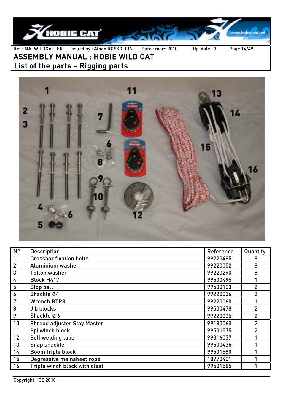 Assembly manual : hobie wild cat, List of the parts – rigging parts | Hobie HCE 2010 User Manual | Page 14 / 49