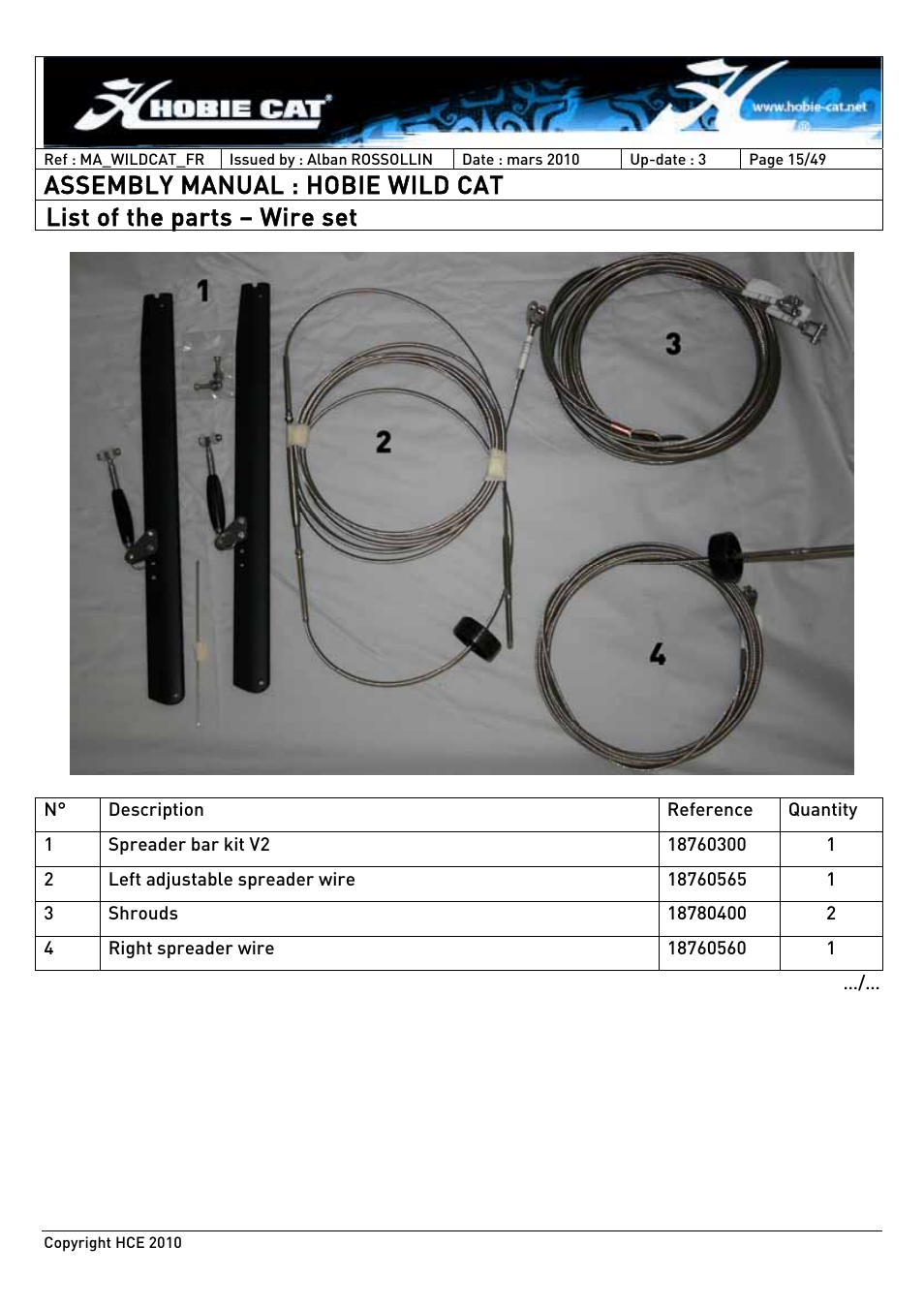 Assembly manual : hobie wild cat, List of the parts – wire set | Hobie HCE 2010 User Manual | Page 15 / 49