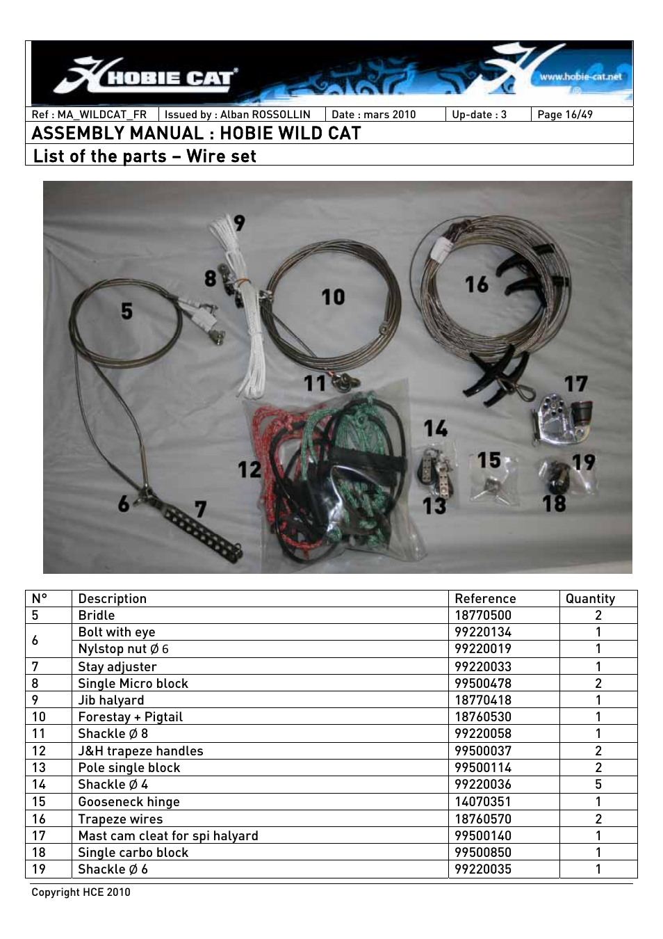 Assembly manual : hobie wild cat, List of the parts – wire set | Hobie HCE 2010 User Manual | Page 16 / 49