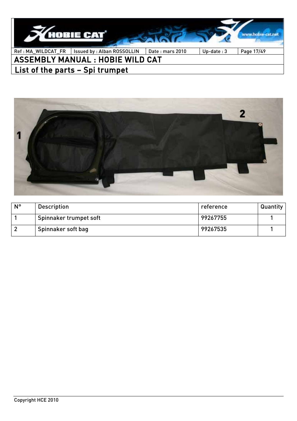 Assembly manual : hobie wild cat, List of the parts – spi trumpet | Hobie HCE 2010 User Manual | Page 17 / 49