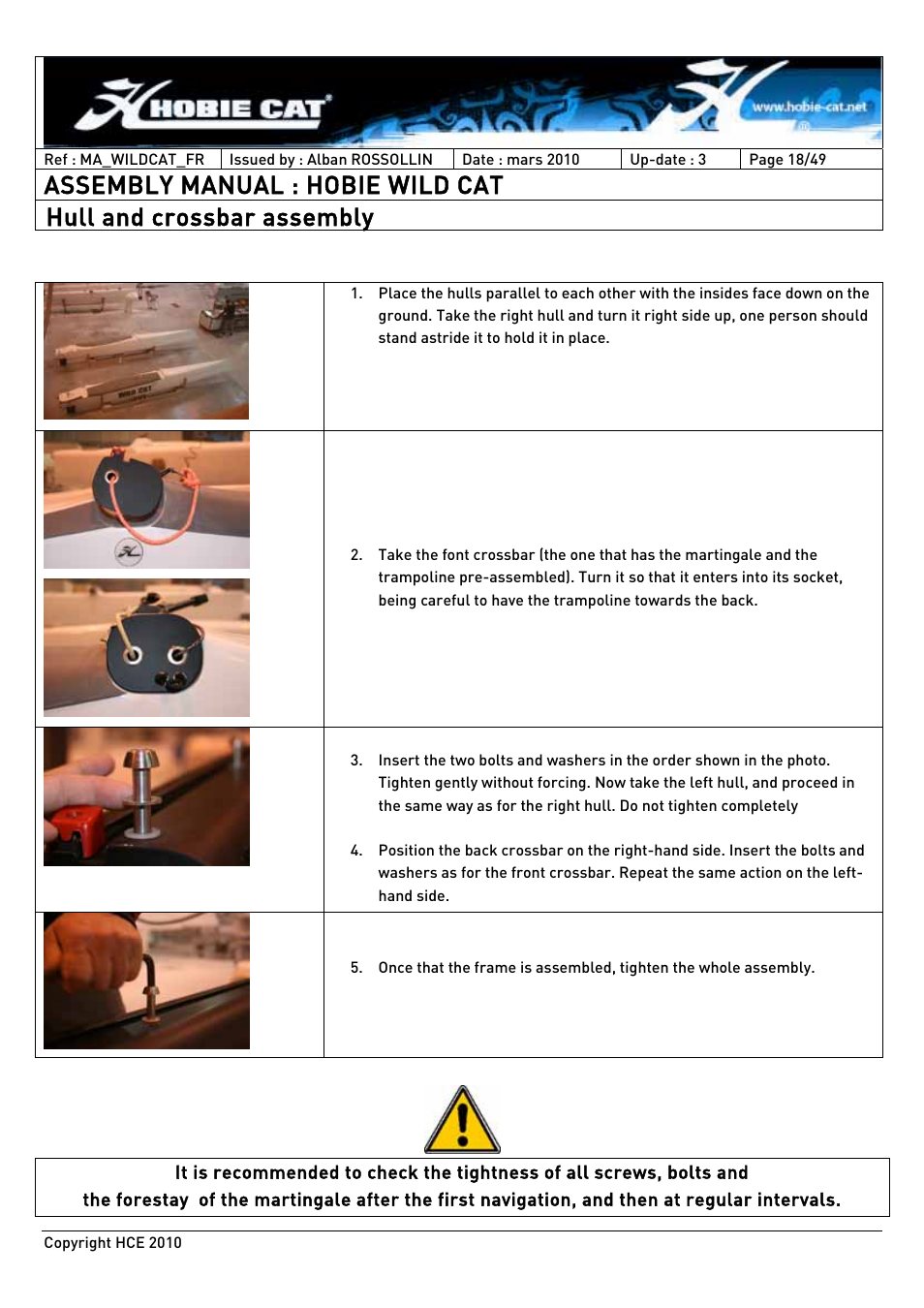 Assembly manual : hobie wild cat, Hull and crossbar assembly | Hobie HCE 2010 User Manual | Page 18 / 49