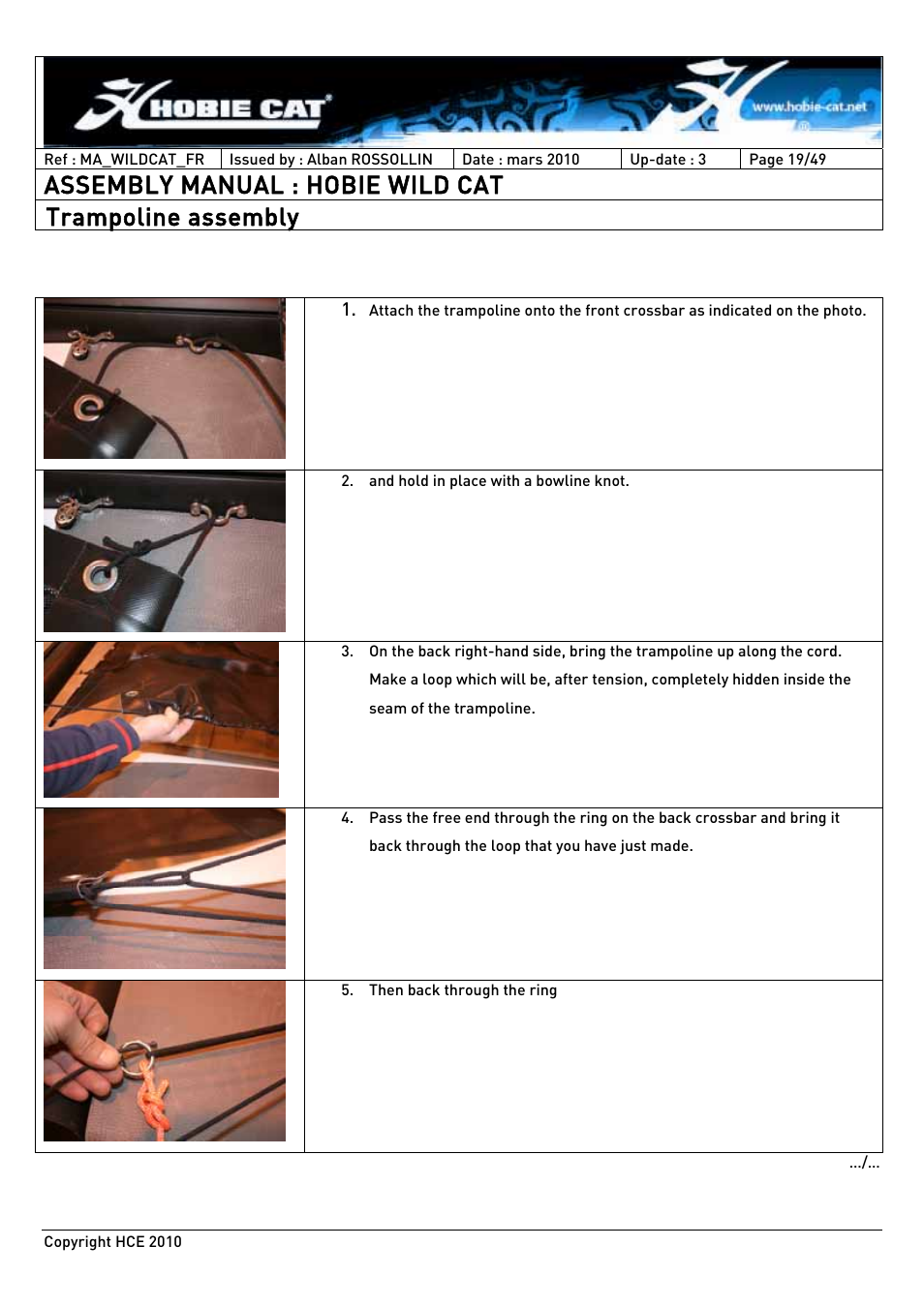 Assembly manual : hobie wild cat, Trampoline assembly | Hobie HCE 2010 User Manual | Page 19 / 49