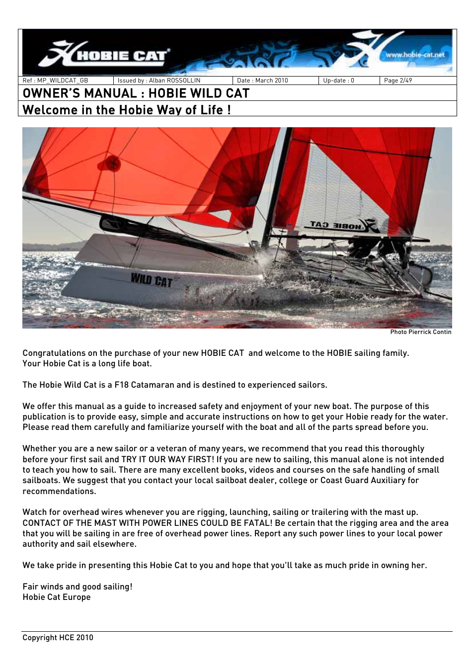 Owner’s manual : hobie wild cat, Welcome in the hobie way of life | Hobie HCE 2010 User Manual | Page 2 / 49