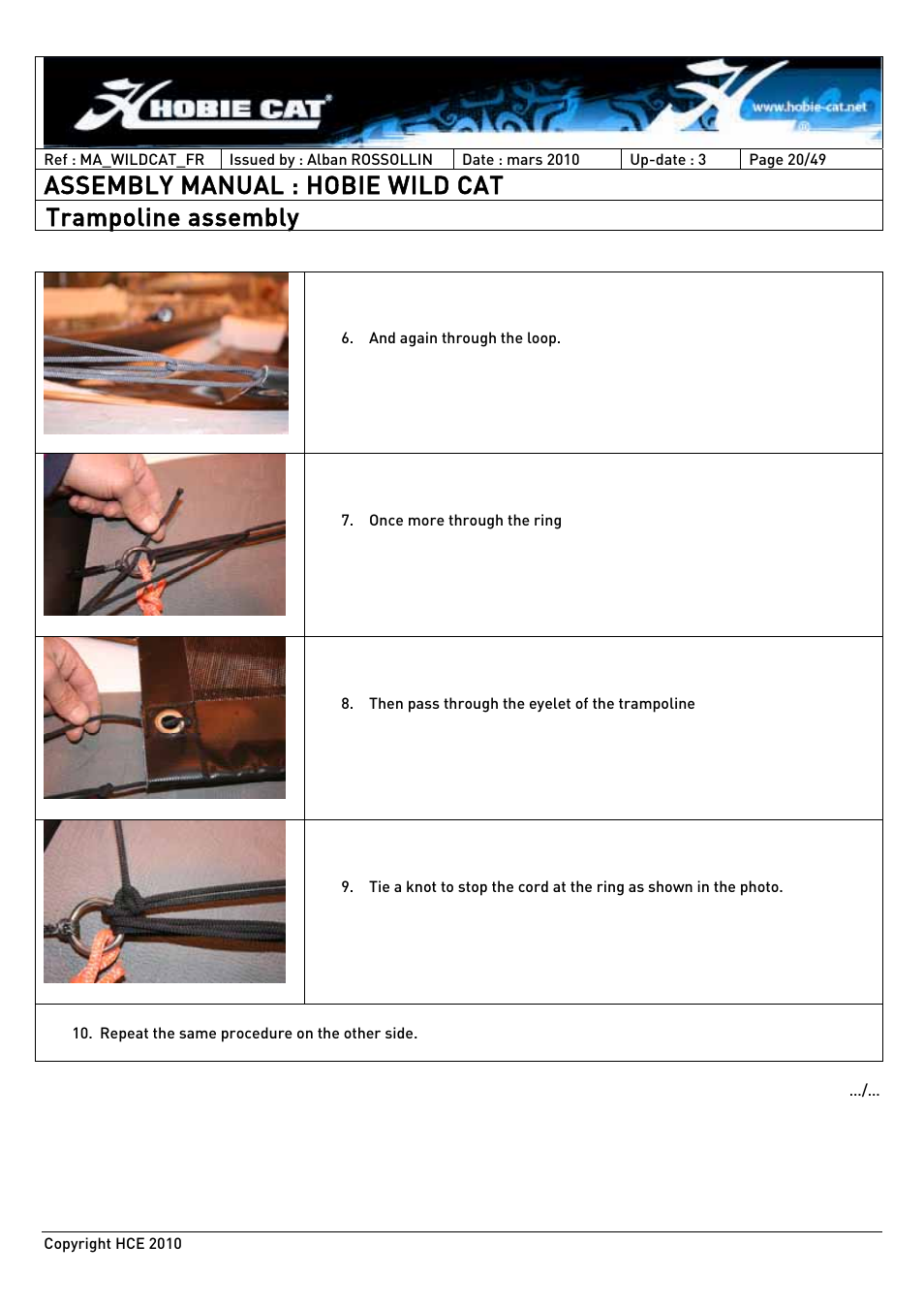 Assembly manual : hobie wild cat, Trampoline assembly | Hobie HCE 2010 User Manual | Page 20 / 49