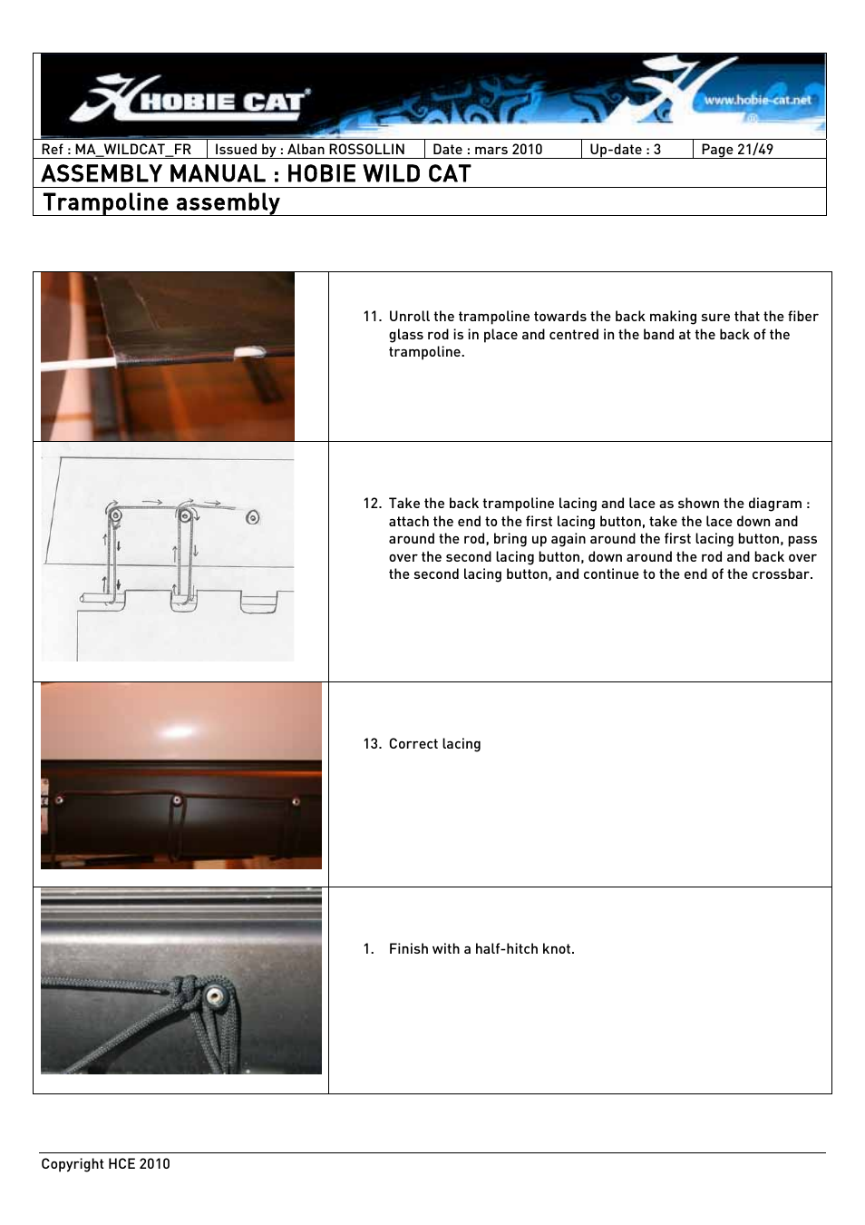 Assembly manual : hobie wild cat, Trampoline assembly | Hobie HCE 2010 User Manual | Page 21 / 49