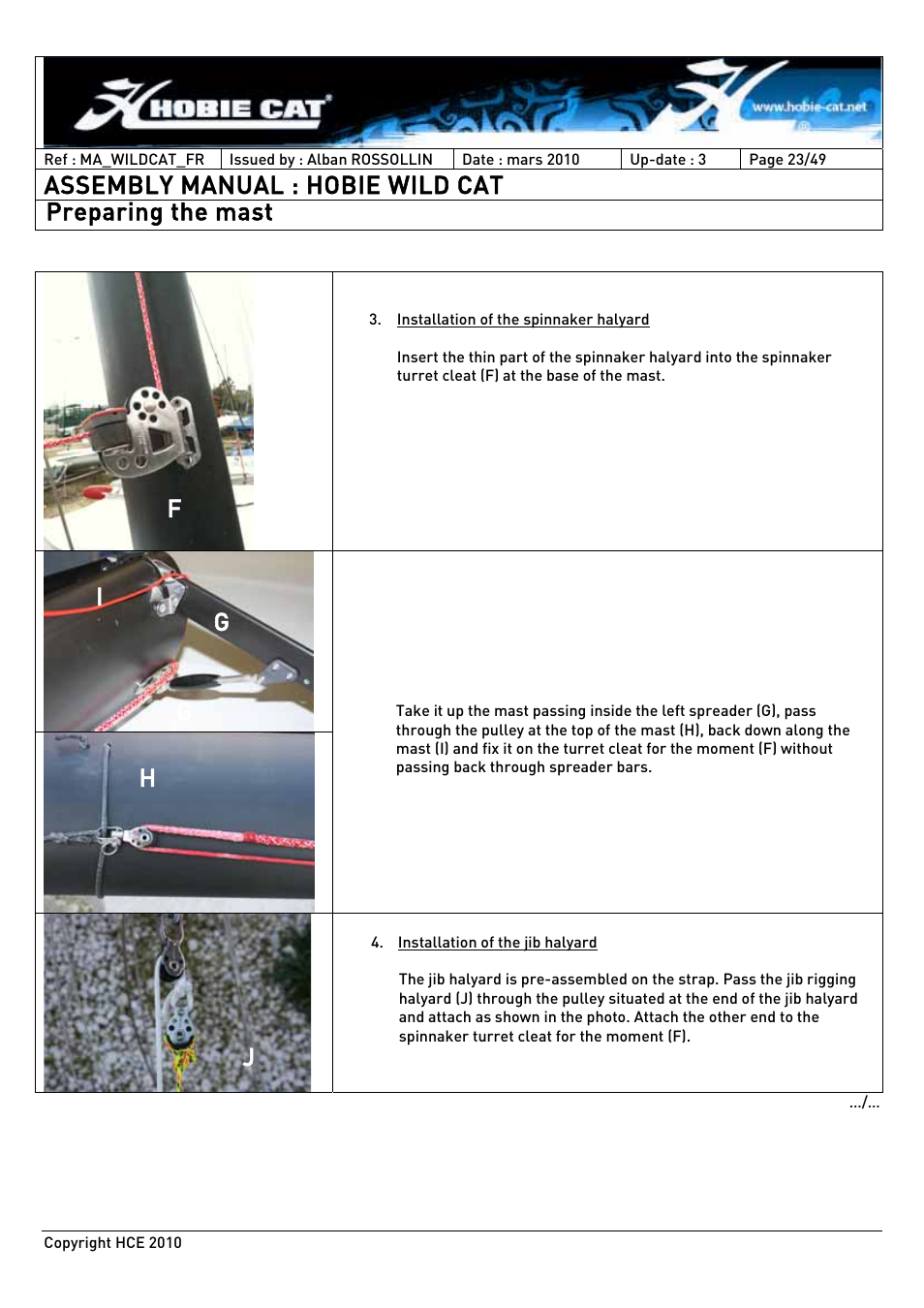 Assembly manual : hobie wild cat, Gi h j preparing the mast | Hobie HCE 2010 User Manual | Page 23 / 49