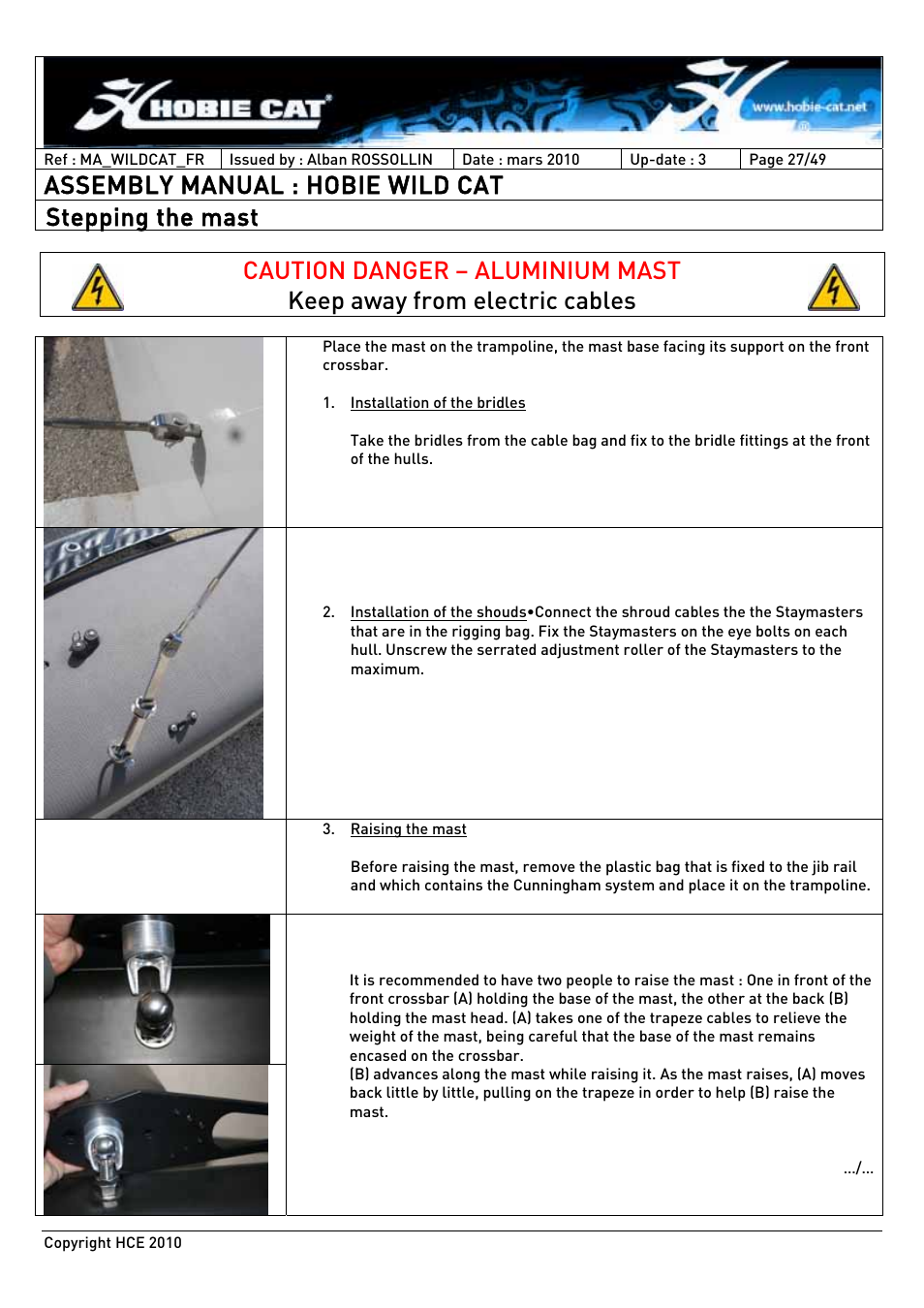 Assembly manual : hobie wild cat, Stepping the mast | Hobie HCE 2010 User Manual | Page 27 / 49