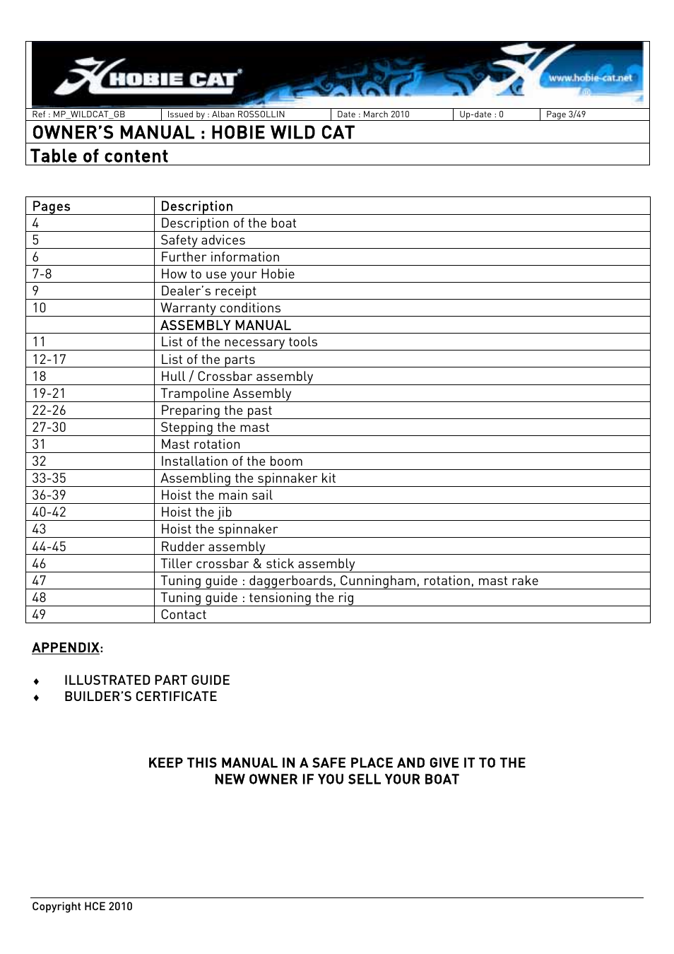 Owner’s manual : hobie wild cat, Table of content | Hobie HCE 2010 User Manual | Page 3 / 49