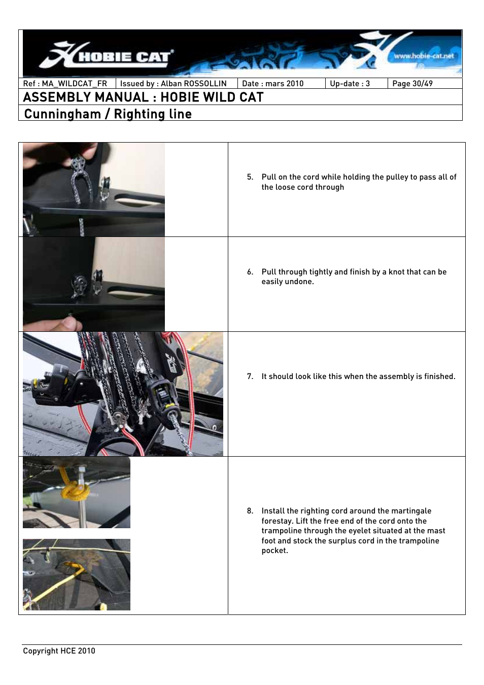 Assembly manual : hobie wild cat, Cunningham / righting line | Hobie HCE 2010 User Manual | Page 30 / 49