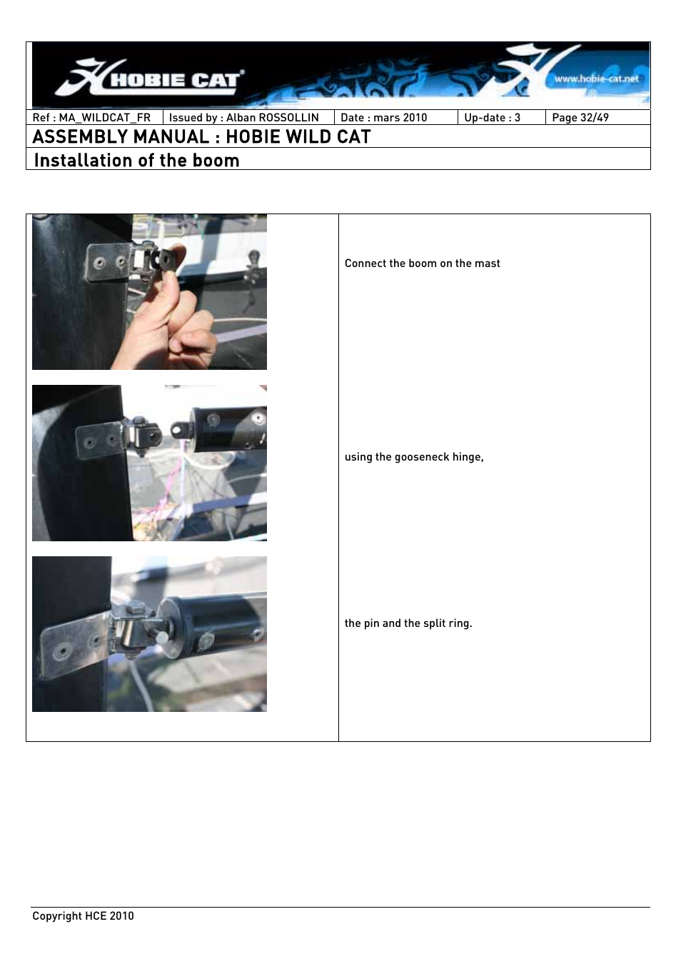 Assembly manual : hobie wild cat, Installation of the boom | Hobie HCE 2010 User Manual | Page 32 / 49