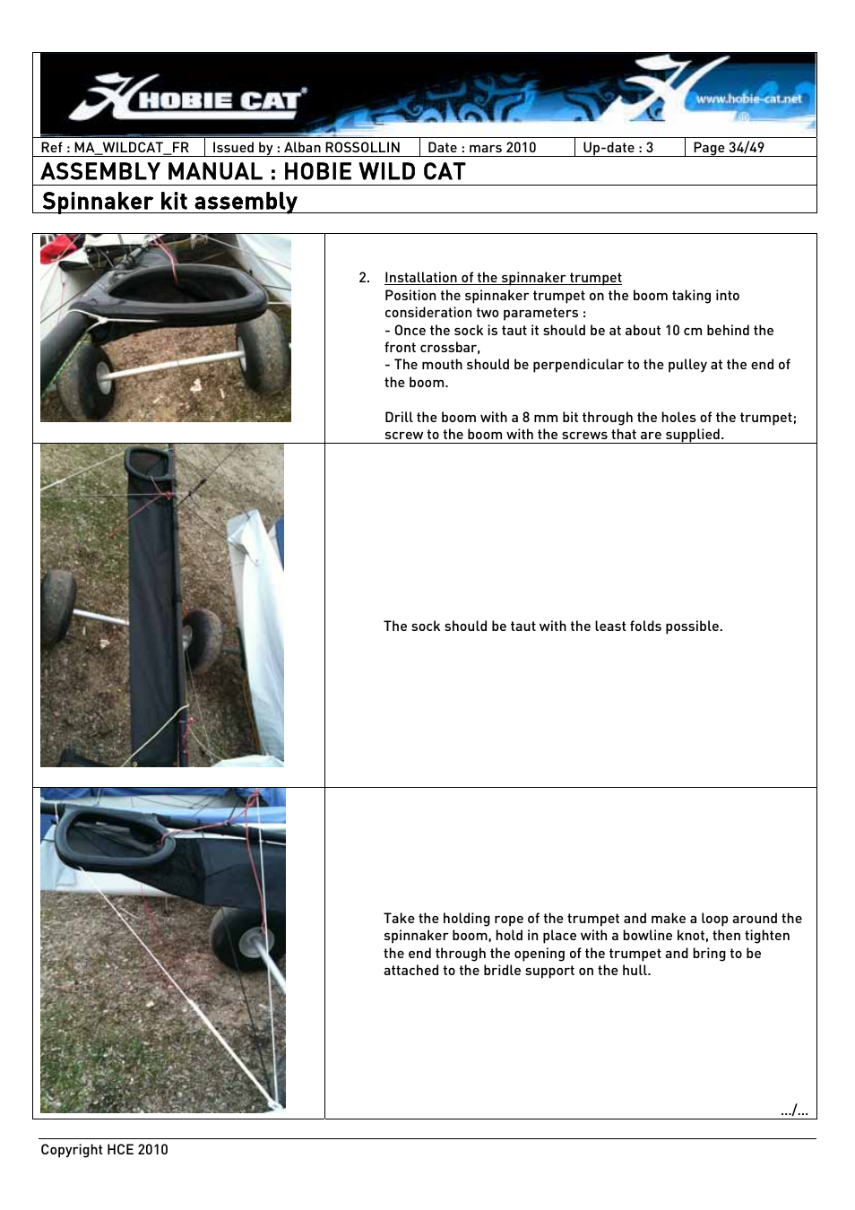 Assembly manual : hobie wild cat, Spinnaker kit assembly | Hobie HCE 2010 User Manual | Page 34 / 49