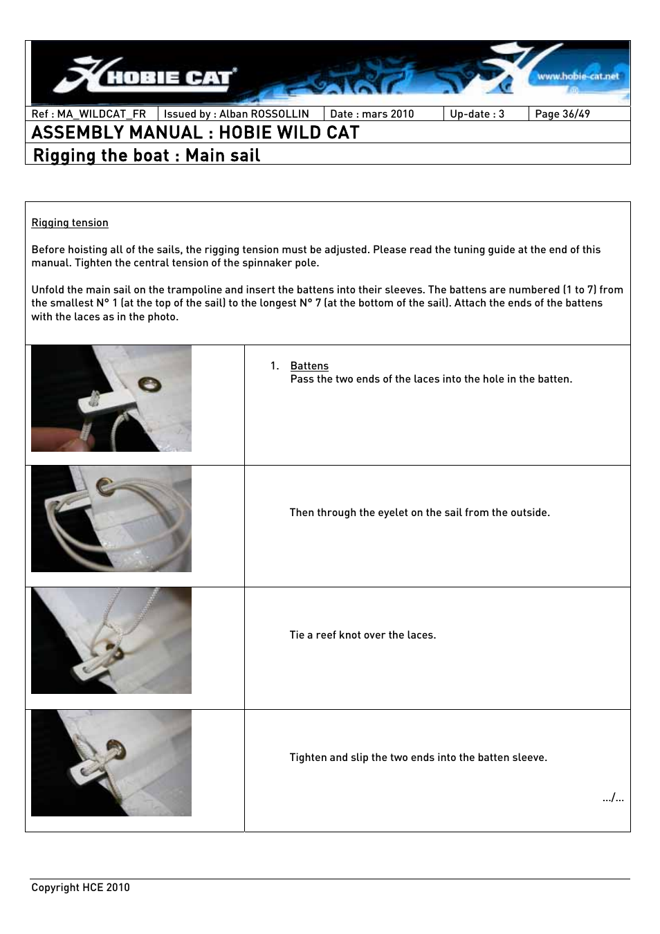 Assembly manual : hobie wild cat, Rigging the boat : main sail | Hobie HCE 2010 User Manual | Page 36 / 49