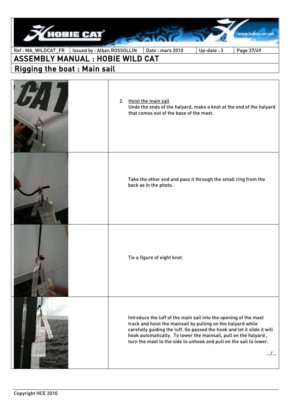 Assembly manual : hobie wild cat, Rigging the boat : main sail | Hobie HCE 2010 User Manual | Page 37 / 49