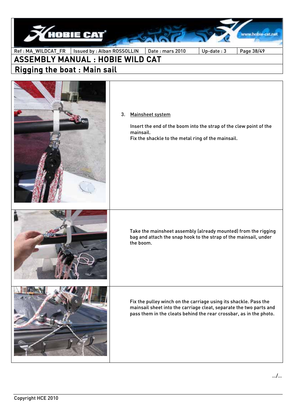 Assembly manual : hobie wild cat, Rigging the boat : main sail | Hobie HCE 2010 User Manual | Page 38 / 49