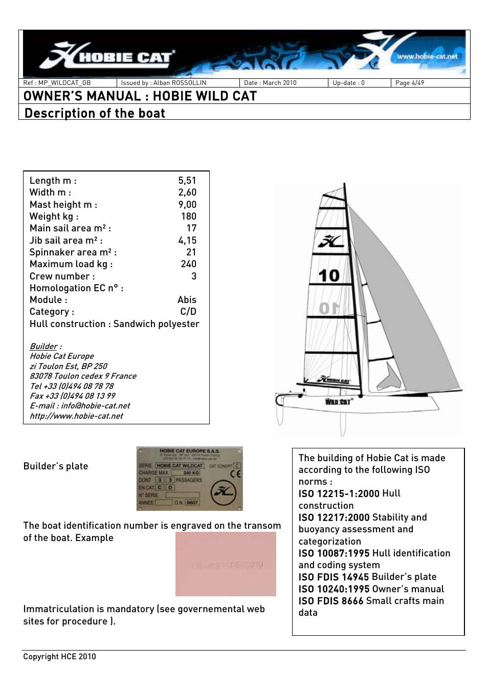 Owner’s manual : hobie wild cat, Description of the boat | Hobie HCE 2010 User Manual | Page 4 / 49